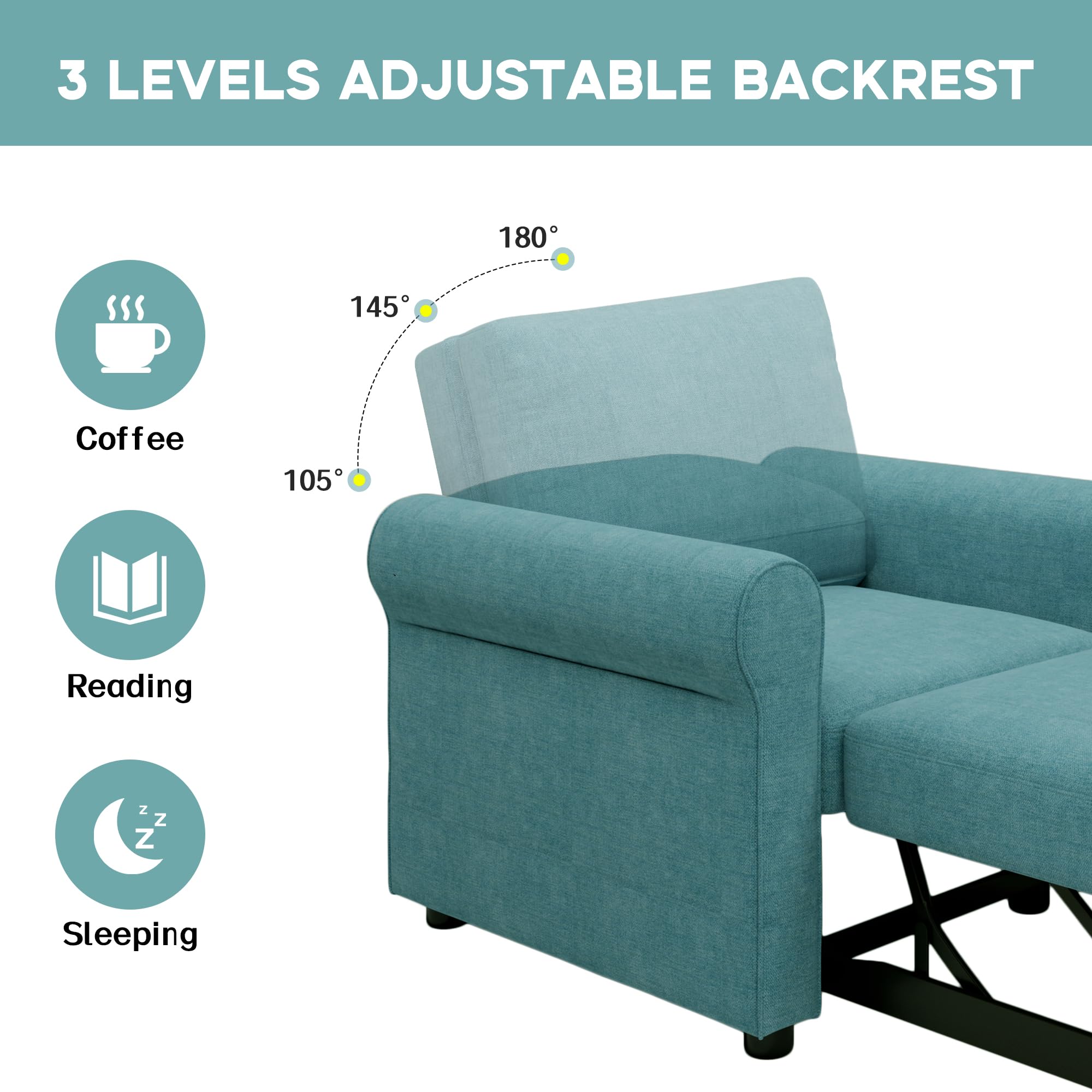 Modern 3-in-1 Convertible Sofa Bed Chair - Adjustable Sleeper Lounger with Multi-Functional Backrest for Small Spaces | Perfect for Guest Rooms, Apartments & Studio Living (Teal)