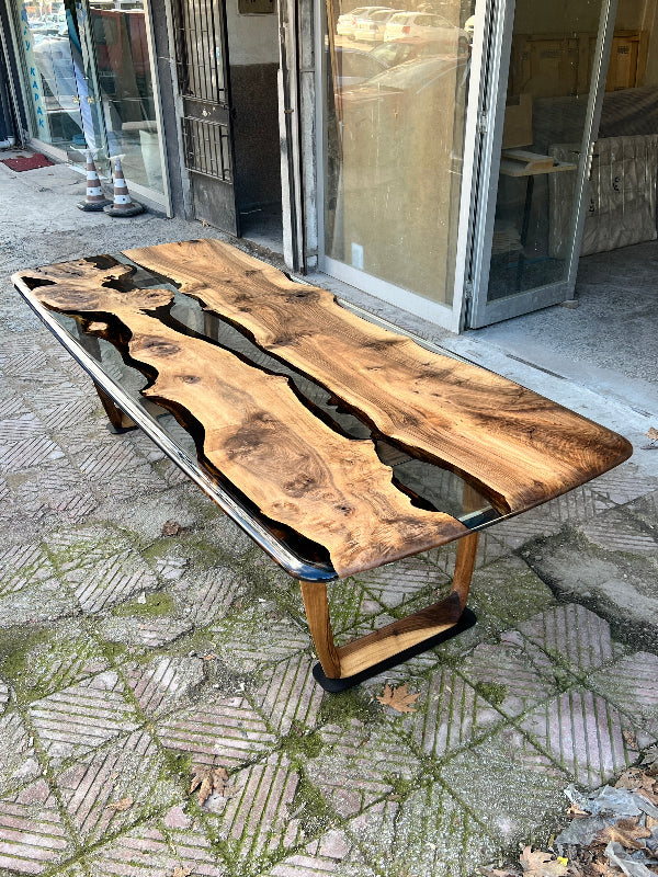 Epoxy Resin River Dining Table with Premium Walnut Wood Legs - Perfect for Modern Home Dining Room, Kitchen, and Office Spaces