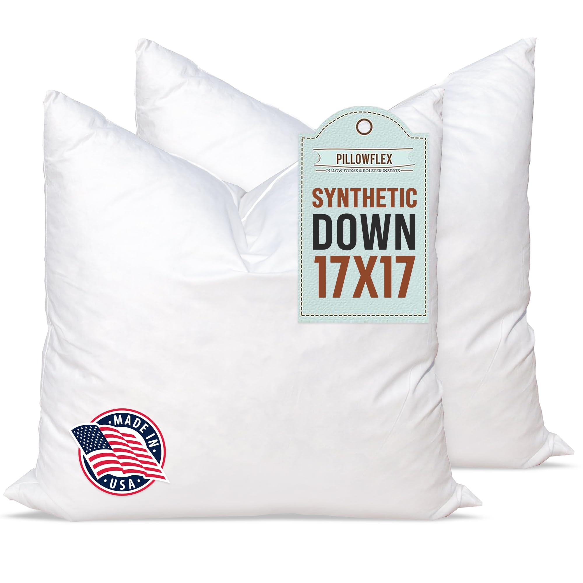 **Pillowflex Synthetic Down Alternative Pillow Inserts for Shams - Ultra Soft & Hypoallergenic Bed Pillows (17x17, Set of 2) - Perfect for Sofa, Bed, or Guest Room Decor**