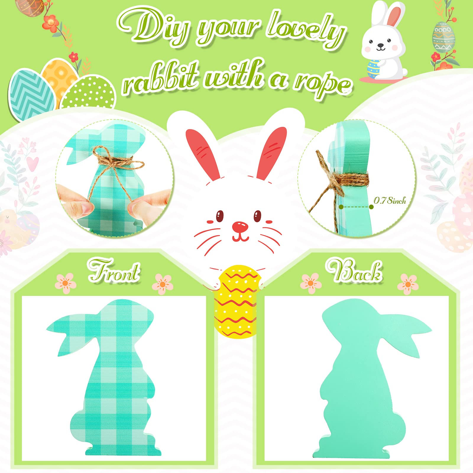 4 Pcs Easter Bunny Wooden Table Signs - Bunny Shaped Farmhouse Decor for Spring, Easter Bunny Dining Room Table Decor with Rope (Plaid) - Perfect for Easter Celebrations, Home Decor, and Seasonal Party Decorations