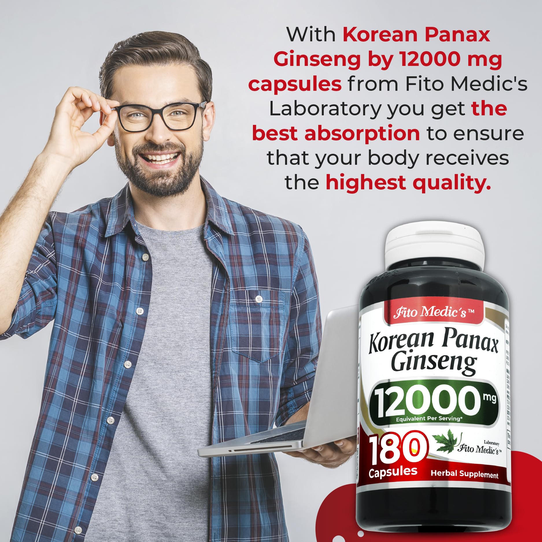 Premium Korean Red Ginseng Supplement 180 Capsules (12,000mg) - High Absorption Panax Ginseng Extract for Energy, Focus & Immune Support - Ideal for Busy Professionals & Athletes