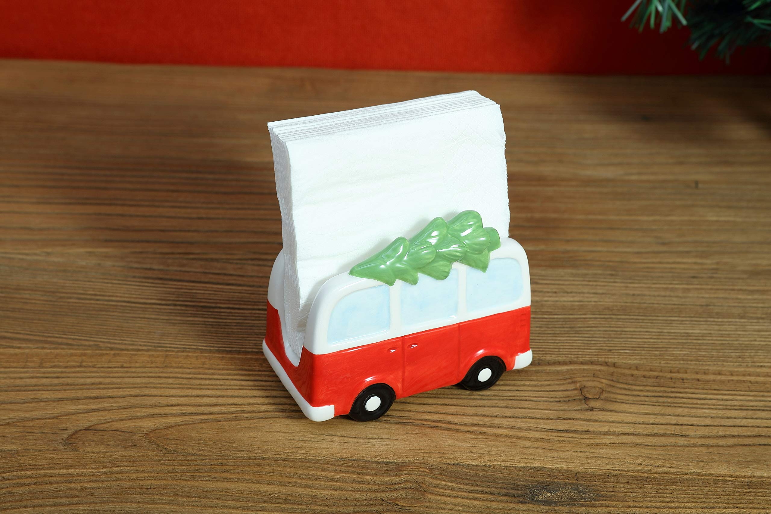 Hand Painted Christmas Ceramic Napkin Holder - Holiday Van Design for Table Decor | Perfect for Holiday Parties, Dinner Tables & Festive Home Decor