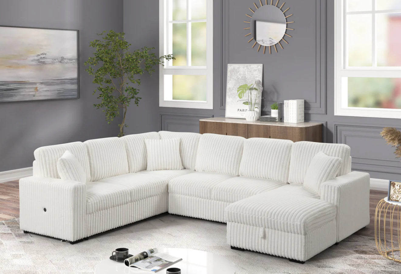 Becky Sectional Pull Out Sleeper Sofa with Storage Chaise | Corduroy Fabric | Convertible Couch Bed for Small Spaces | Perfect for Guest Rooms, Apartments & Living Rooms