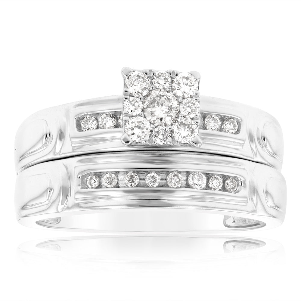 9ct White Gold 1/3 Carat Diamond Bridal Ring Set With 23 Brilliant Cut Diamonds - Elegant Wedding & Engagement Jewelry for Brides, Anniversary Gift Idea