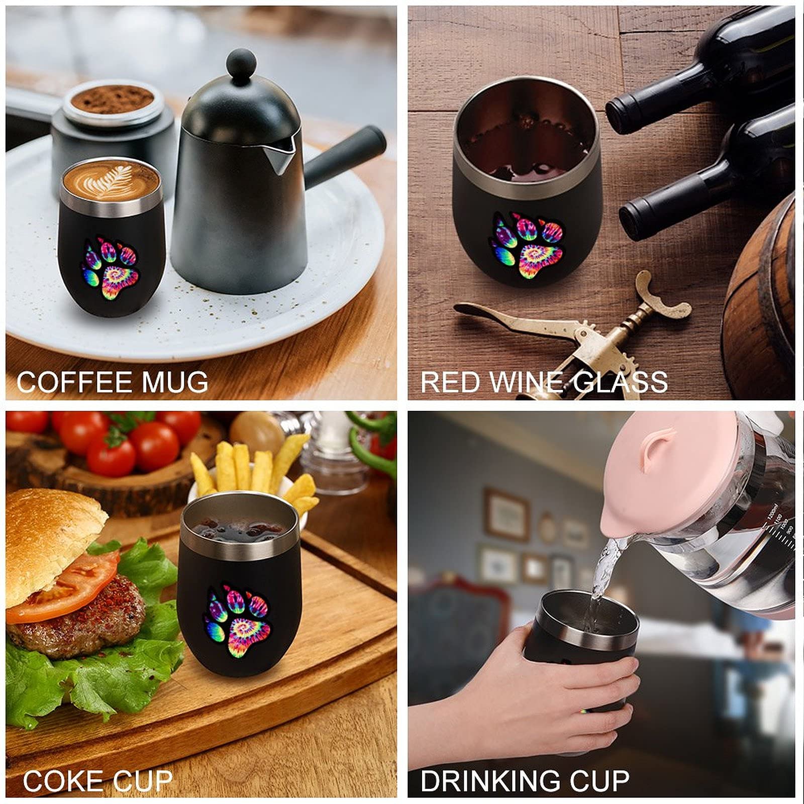 Stainless Steel Tie Dye Animal Paw Print Vacuum Insulated Tumbler with Lid - 20oz Stemless Wine Glass, Travel Mug & Coffee Cup for Camping, Office & Outdoor Activities