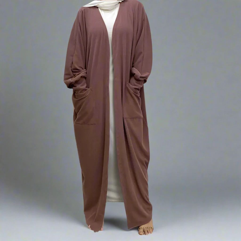 Muslim Women's Cotton Open Abaya Dress with Pockets - Winter & Fall Modest Cardigan for Prayer, Home & Outdoor Wear