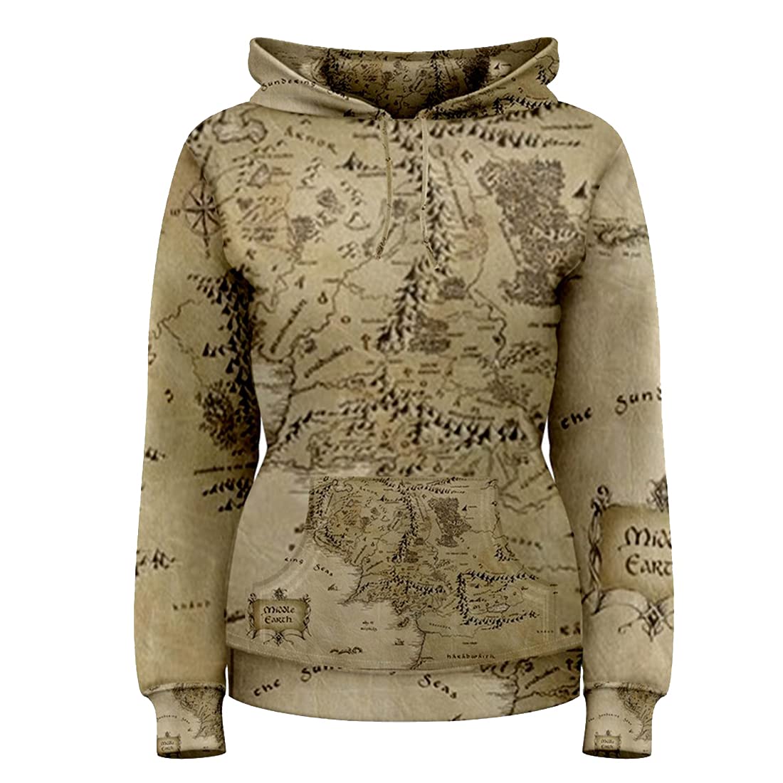 Custom 3D Printed Middle Earth Map Design Women's Hoodie Sweater - Fantasy Themed Pullover for Lord of the Rings Fans & Outdoor Adventures