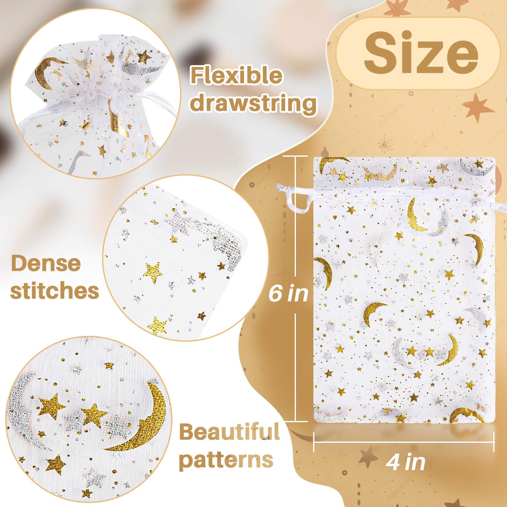 100pcs 4x6 Inch Organza Gift Bags Bulk - Moon Star Design Drawstring Mesh Pouch for Jewelry, Candy, Wedding Favors, Party Decorations | Perfect for Halloween, Christmas, Birthday Celebrations & Small Item Storage