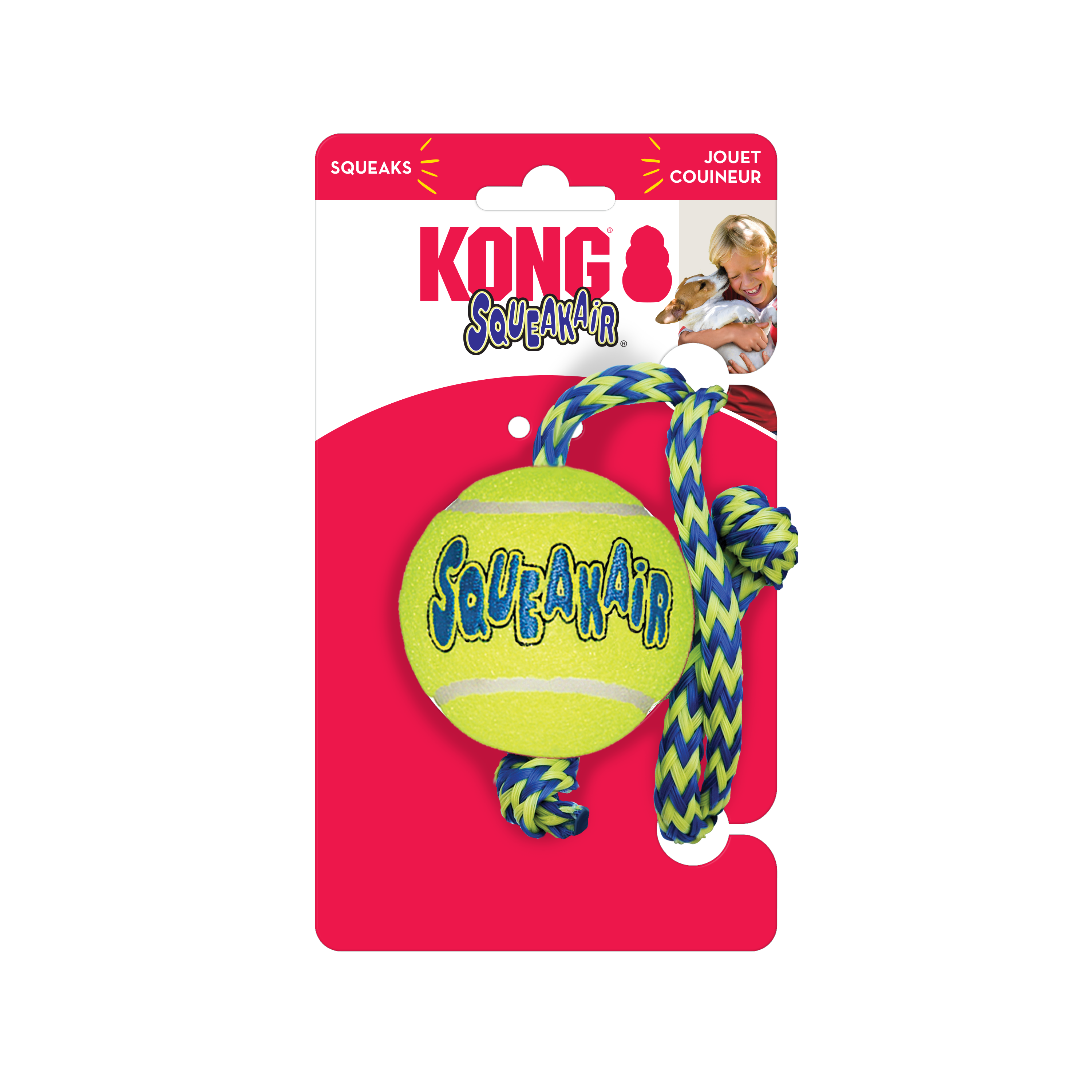Kong Squeak Air Ball with Rope - Durable Tennis Ball Dog Toy for Fetch & Chewing - Perfect for Outdoor Play & Training