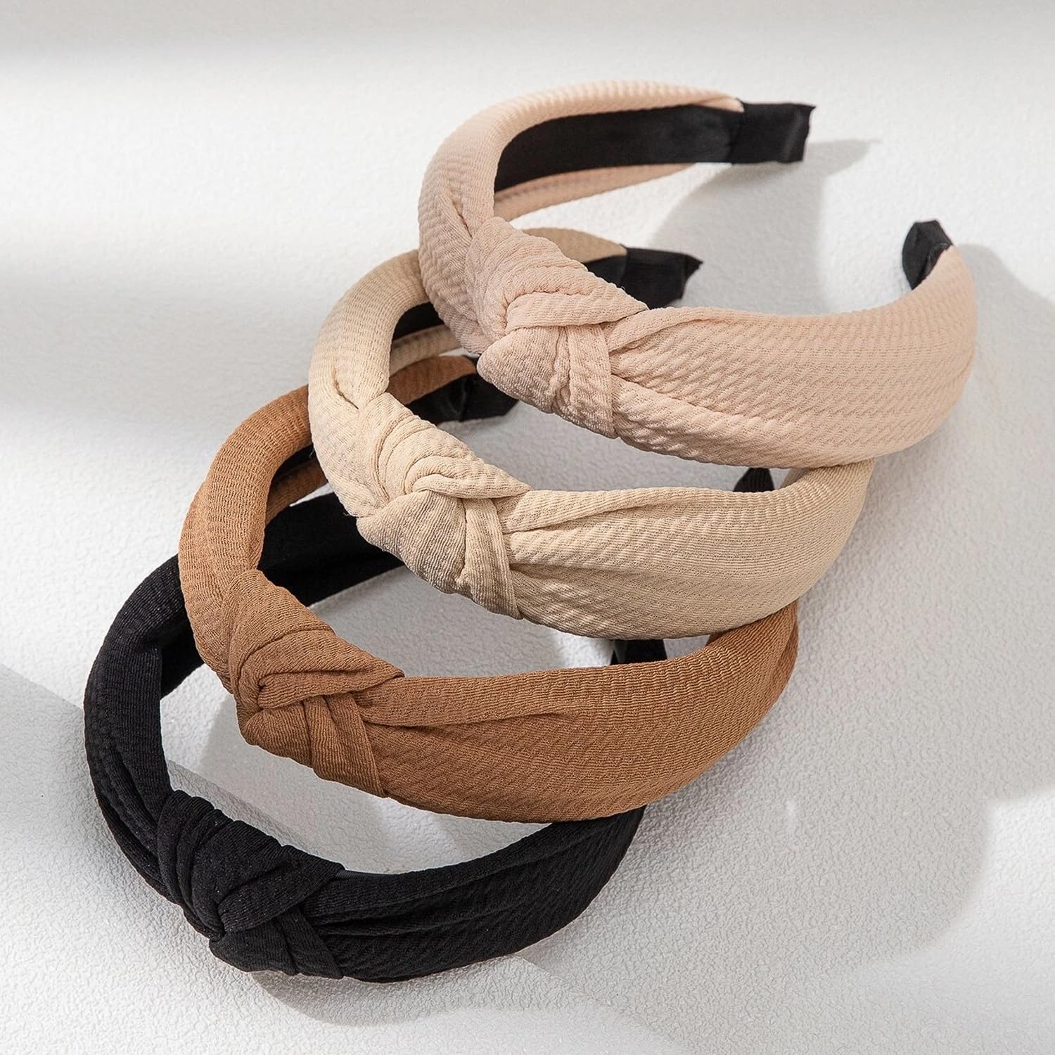 WOVOWOVO 4-Pack Knotted Headbands for Women - Non-Slip Wide Boho Hairbands in Black, Khaki & Brown - Perfect for Yoga, Workouts & Fashion Accessories