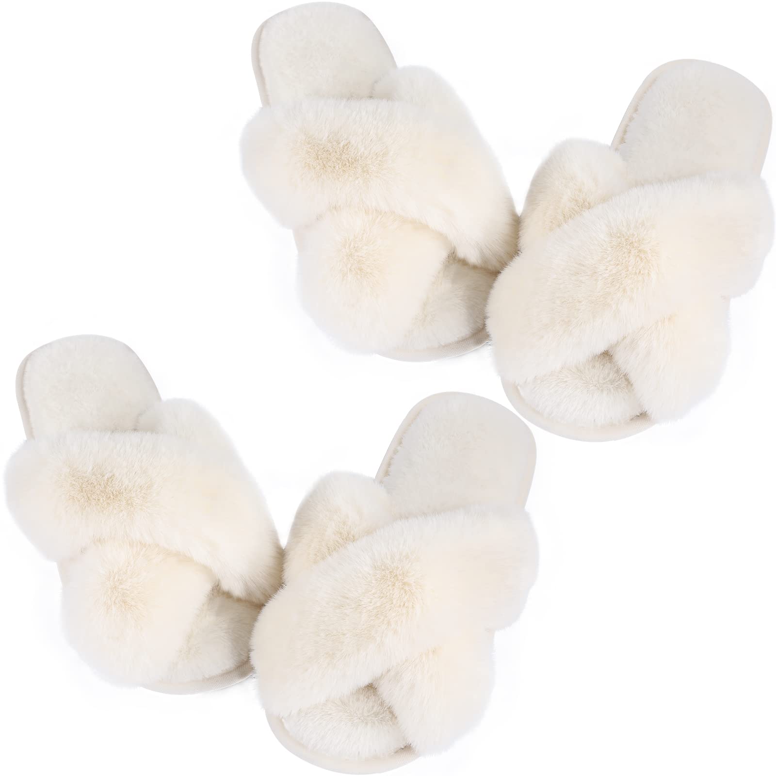 Ankis Women's Fuzzy Fluffy Slippers - 2-Pair Cozy Soft Comfy House Slippers with Cross Band & Open Toe, Non-Slip Indoor/Outdoor Winter Slippers for Relaxing at Home, Lounging or Running Errands