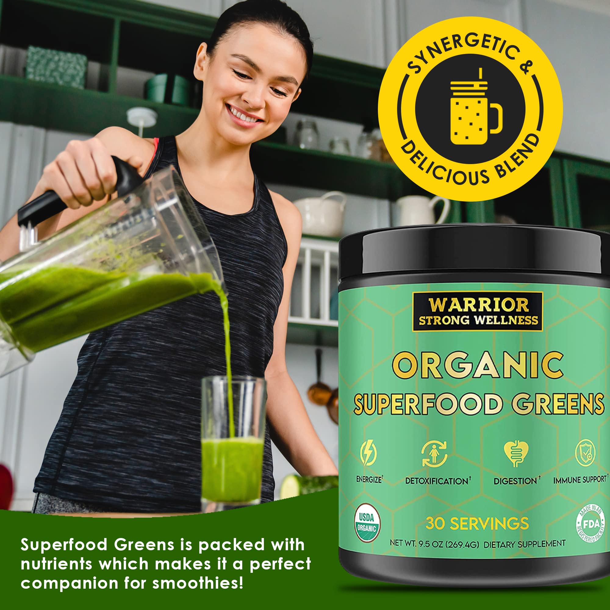 Certified Organic Greens Powder - 30 Servings - Superfood Supplement with Spirulina, Wheatgrass & Kale - Energy Boosting Detox Drink - Vegan Fruit & Vegetable Powder with Apple Cider Vinegar & Green Tea Extract - Perfect for Smoothies, Juices & Post-Workout Recovery