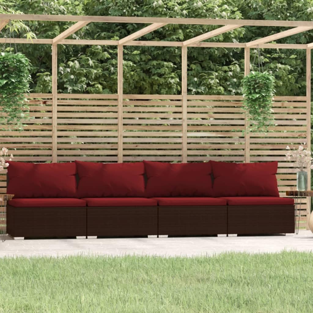 4-Seater Patio Sofa Set with Cushions - PE Rattan & Steel Frame Outdoor Furniture - Weather-Resistant Brown & Cinnamon Red Sofa for Garden, Deck, Poolside or Backyard Relaxation