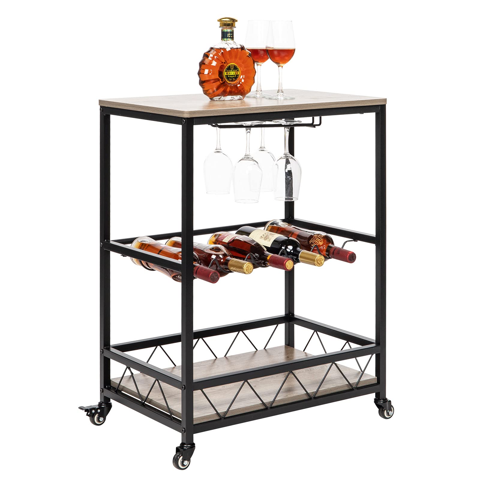 Premium Mobile Kitchen Serving Cart - Large 2-Tier Bar Cart with Wine Rack (Holds 5 Bottles) & Wine Glass Storage - Solid Wood & Metal Frame with Wheels - Perfect for Home Entertaining, Parties & Outdoor Gatherings (Grey)