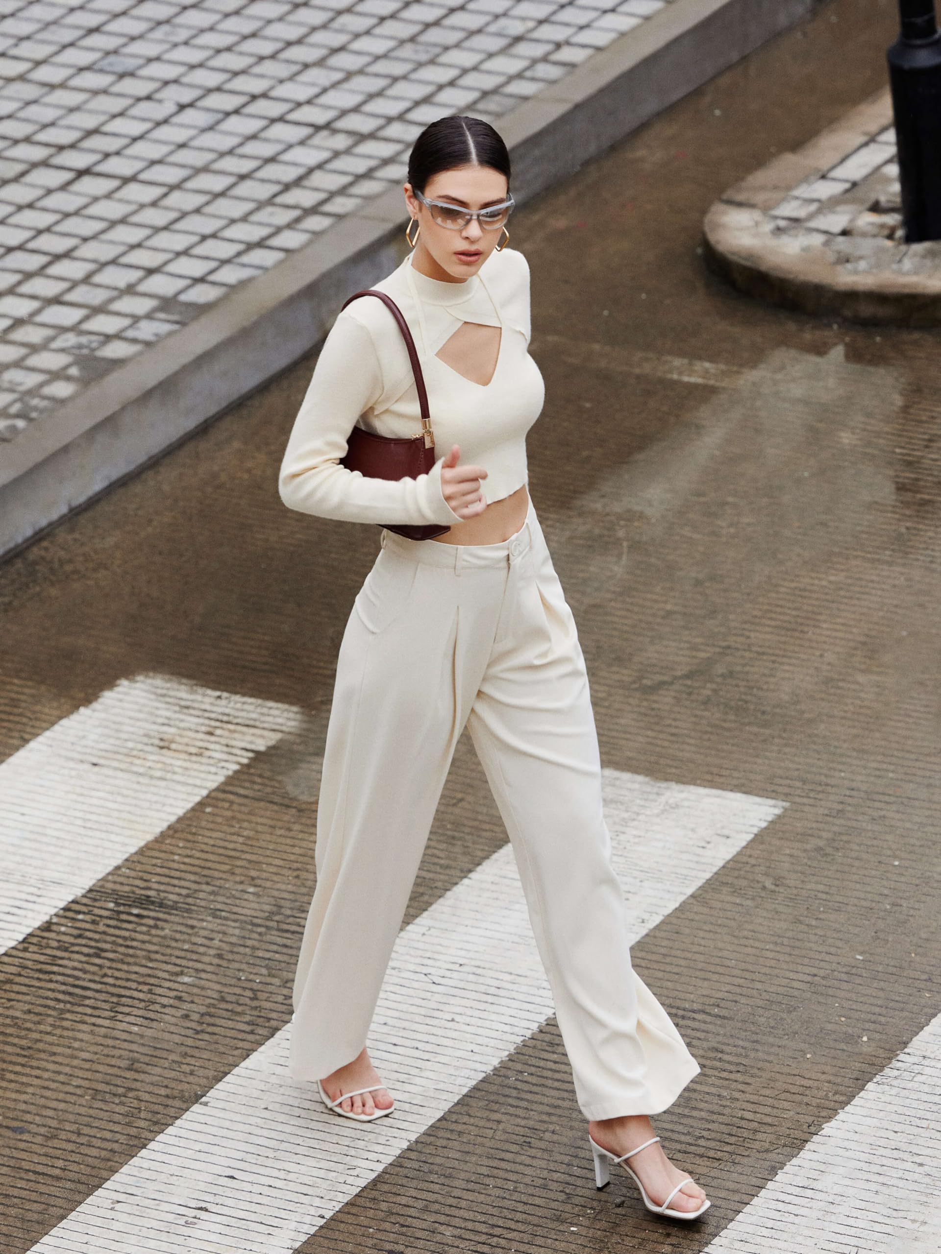 Stylish Cider Milk Tea Pleated Wide Leg Pants for Women - Comfortable High Waist Casual Trousers for Office, Travel & Everyday Wear