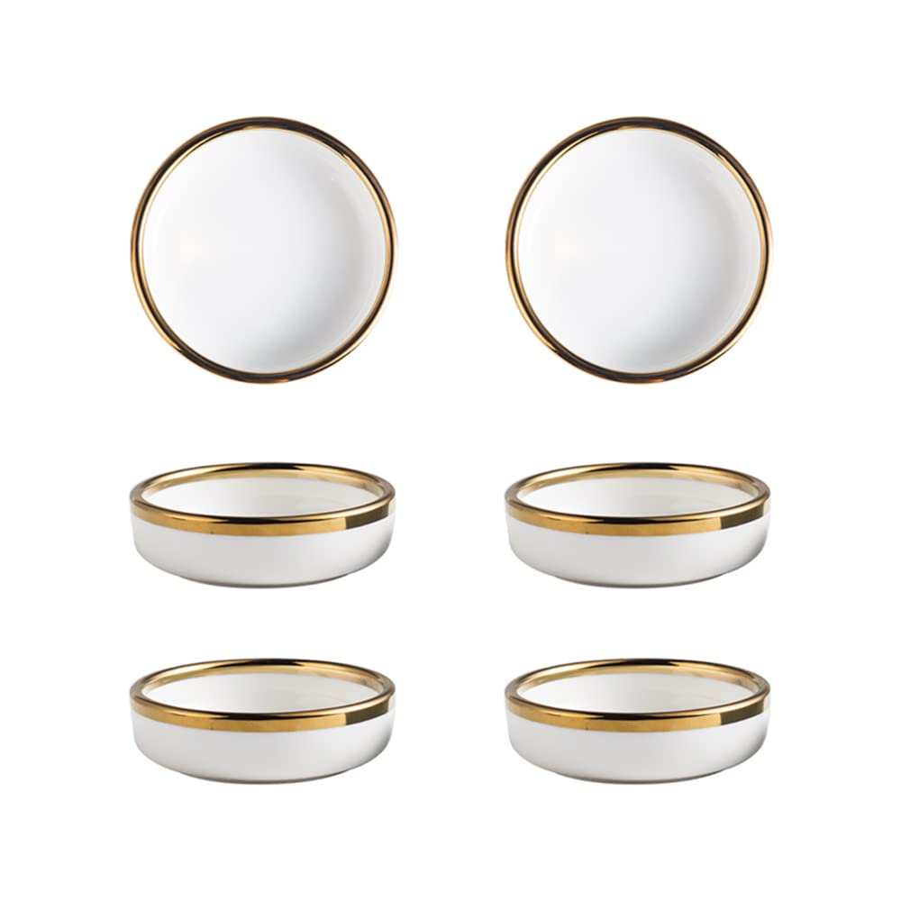 Elegant White Porcelain Side Dish Bowls - Matte Gold Trim, Set of 6 - Perfect for Soy Sauce, Seasonings & Dipping - Ideal for Sushi, Asian Cuisine & Dinner Parties