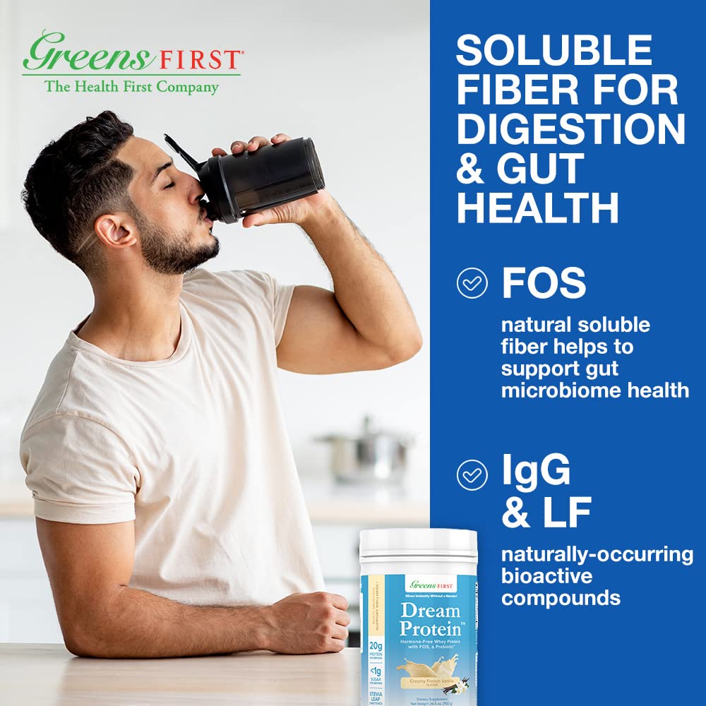 Greens First Dream Protein Powder Whey - 20g Protein Per Serving, Hormone-Free with Prebiotics, Non-GMO, No Artificial Sweeteners - Creamy French Vanilla Flavor (26.5 oz) | Post-Workout Recovery, Meal Replacement, Smoothie Booster for Fitness & Weight Management