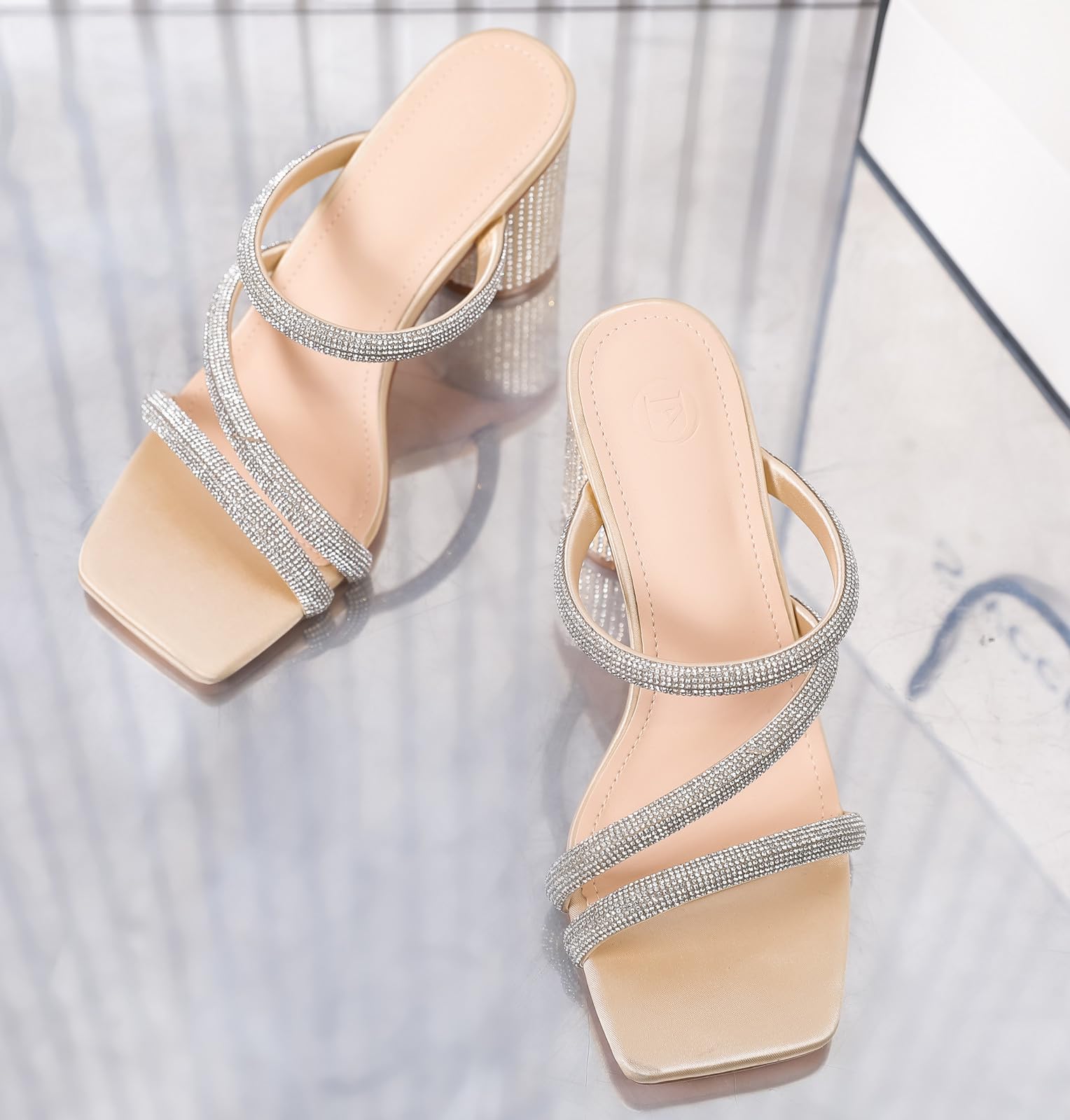 DADAWEN Women's Rhinestone Heeled Sandals - Square Toe Strappy Chunky Block Heels for Wedding, Party & Dress Occasions - Comfortable Pumps for Women - Perfect for Bridal, Prom, Evening Events & Special Occasions