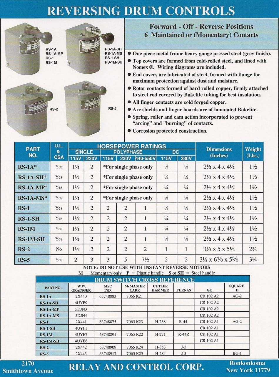 1.5 HP - 2 HP Electric Motor Reversing Drum Switch - Maintained Position RS-1 for Industrial Equipment, Conveyor Belts, and Heavy Machinery