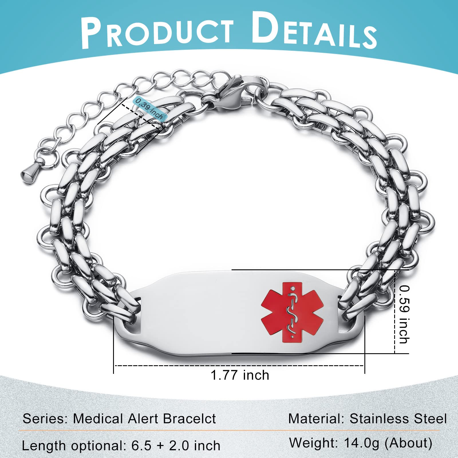 Personalized Stainless Steel Medical Alert Bracelets for Women & Men - Free Engraving, Adjustable & Waterproof Medic ID Bracelet - Ideal for Emergency Medical Identification, Daily Wear & Outdoor Activities