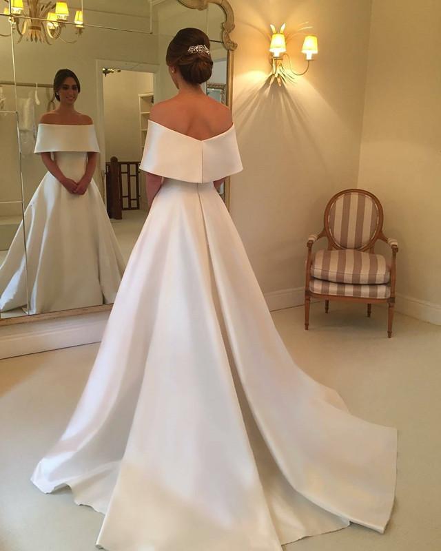 Elegant A-Line Off-the-Shoulder Long Satin Wedding Dress for Brides - Perfect for Beach, Church, and Formal Ceremonies