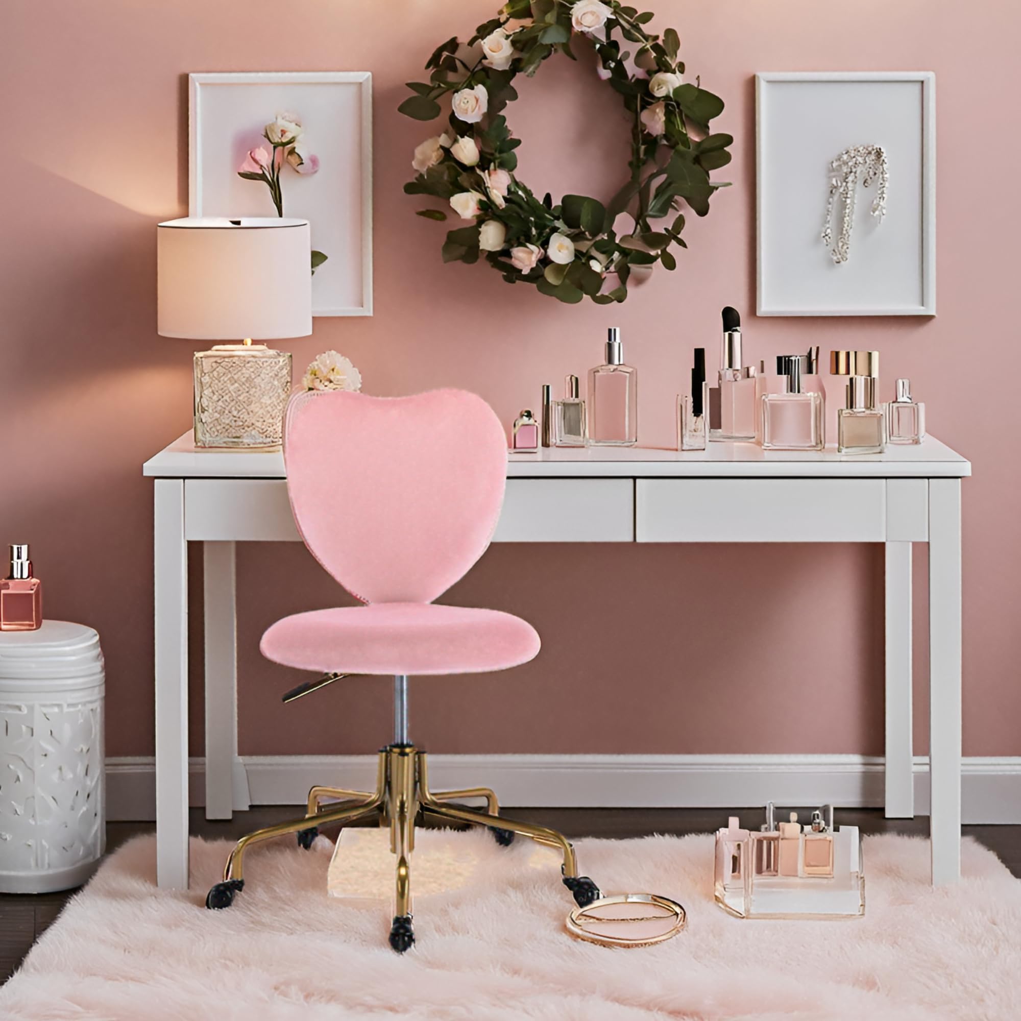 Velvet Pink Heart-Shaped Desk Chair with Wheels - Adjustable Height Swivel Office Chair, Armless Upholstered Vanity Chair for Home & Office - Perfect for Study, Workstation, Dressing Table and Bedroom Decor