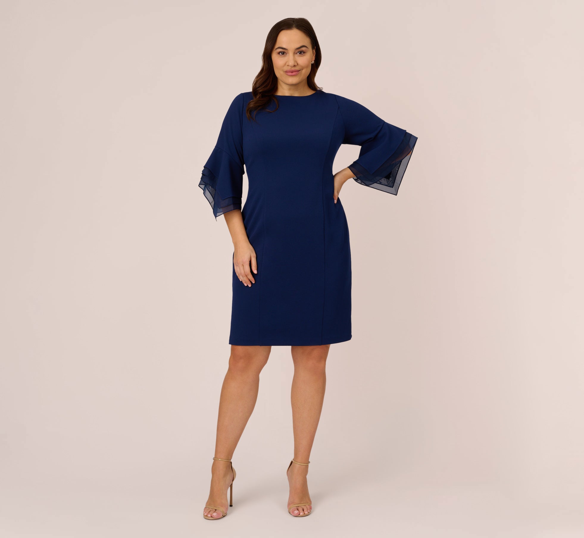 Plus Size Knit Crepe Sheath Dress with Tiered 3/4 Sleeves in Navy Sateen - Elegant Office Wear & Special Occasion Outfit