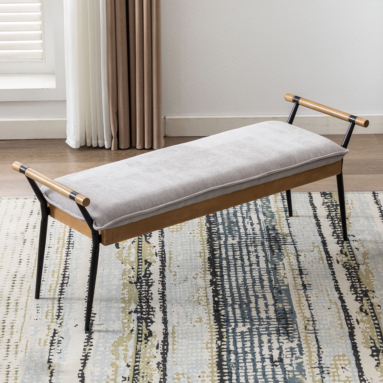 Modern Rectangle Ottoman Bench with Arms & Metal Legs - Mid Century Chenille Fabric Footstool for Dining Room, Bedroom, Living Room | Entryway Shoe Storage & Coffee Table Bench - Grey Home Decor