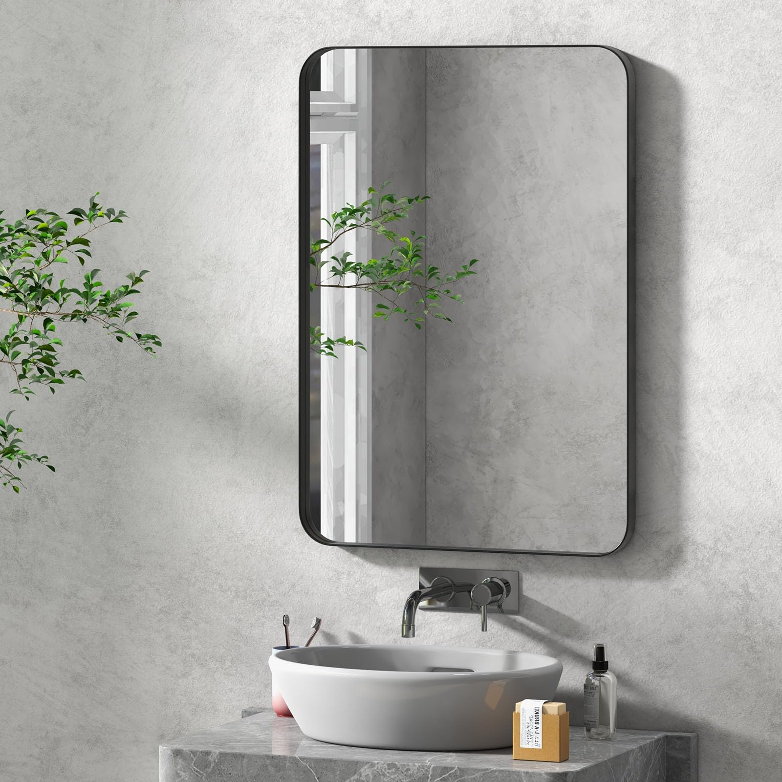 Tangkula 20x32 Inch Matte Black Metal Framed Bathroom Mirror - Rustproof Tempered Glass Wall Mirror for Vanity, Horizontal or Vertical Hanging - Perfect for Modern Bathrooms, Powder Rooms & Bedroom Decor