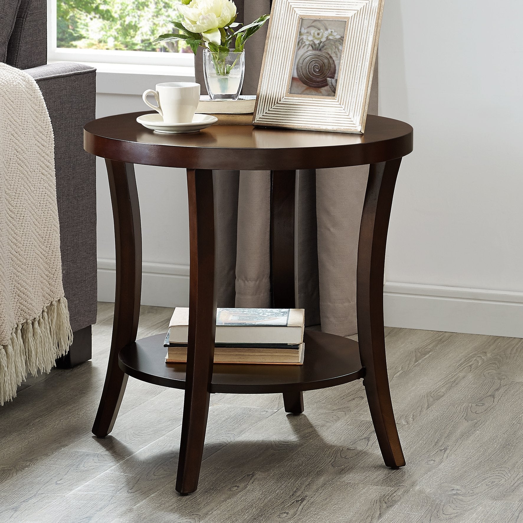 Roundhill Furniture Perth Round End Table with Shelf - Espresso Finish - Side Table for Living Room, Bedroom, or Office