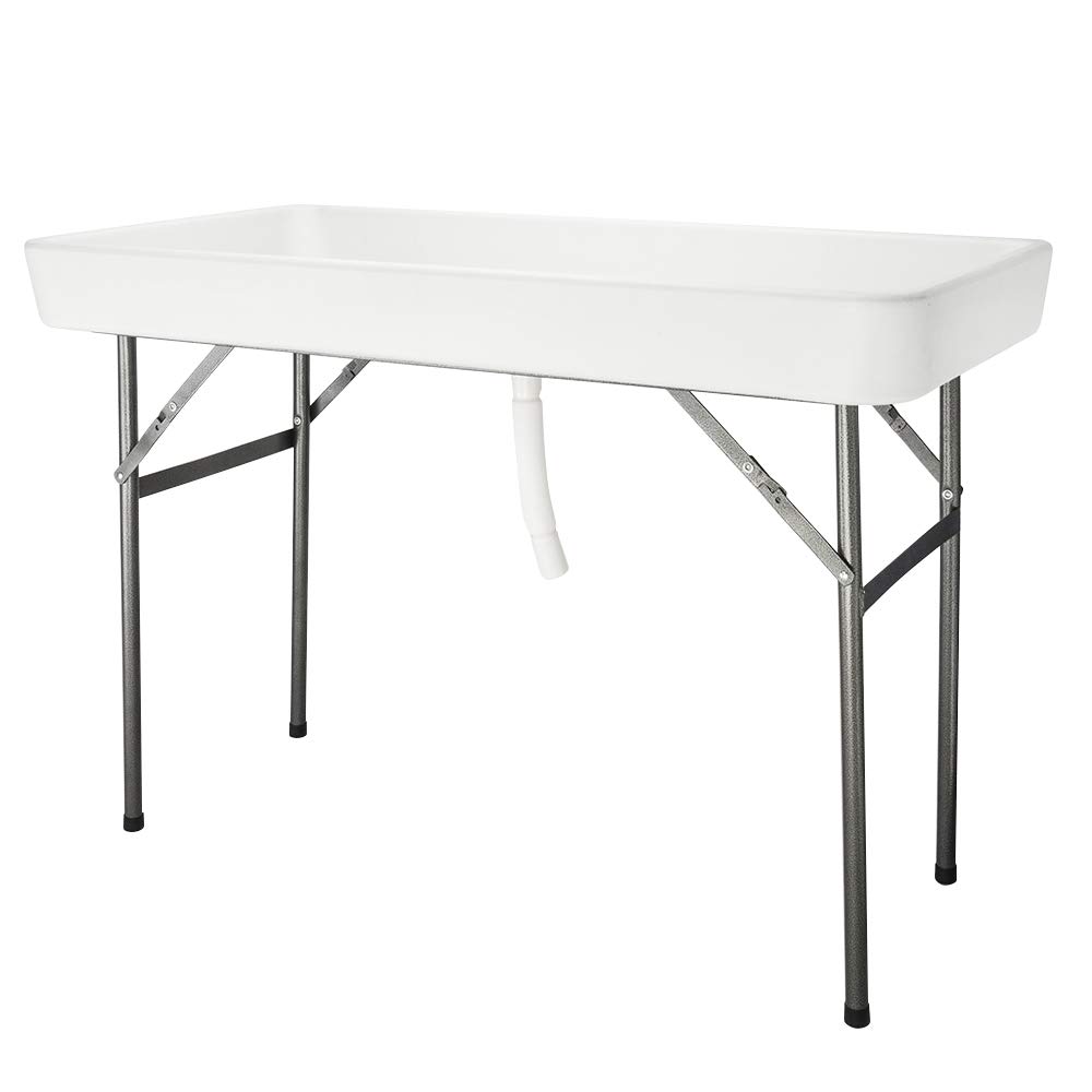 MengK 4ft Folding Party Table with Skirt - White Plastic Portable Banquet Table for Outdoor Events, Picnics & Tailgating