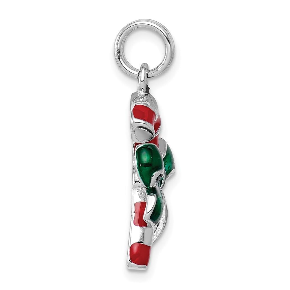 Sterling Silver Rhodium-Plated Enamel Candy Cane Charm Pendant - Christmas Holiday Jewelry Gift for Women, Perfect for Tree Decorations & Stocking Stuffers