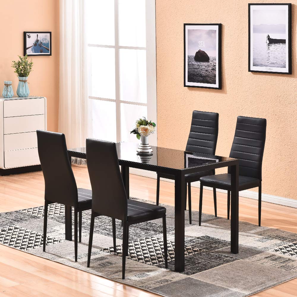 5-Piece Modern Glass Dining Table Set with Tempered Glass Top & PU Leather Chairs - Black Kitchen & Dining Room Furniture for Family Gatherings & Dinner Parties