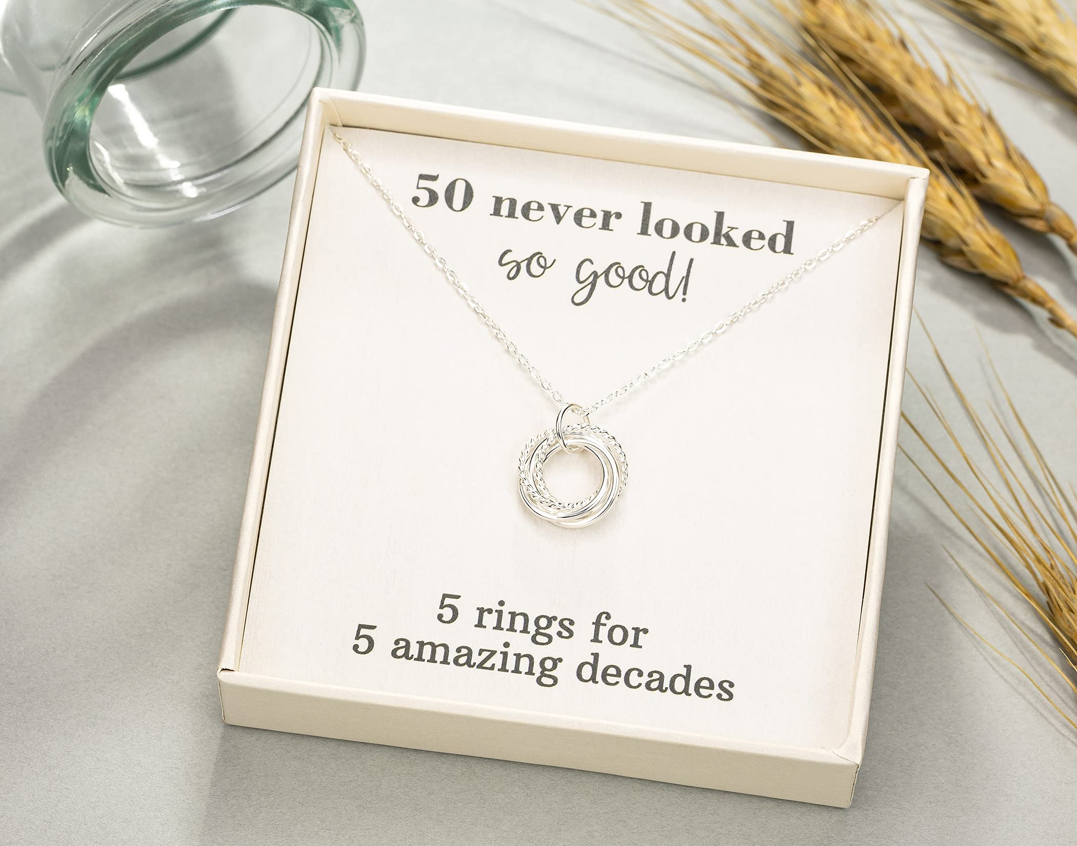 RareLove 50th Birthday Gifts for Women - 925 Sterling Silver 5 Rings Necklace for 50th Birthday, Anniversary & Special Occasions | Elegant Jewelry Gift for Wife, Mom & Loved Ones | Perfect for Celebrating Five Decades of Life