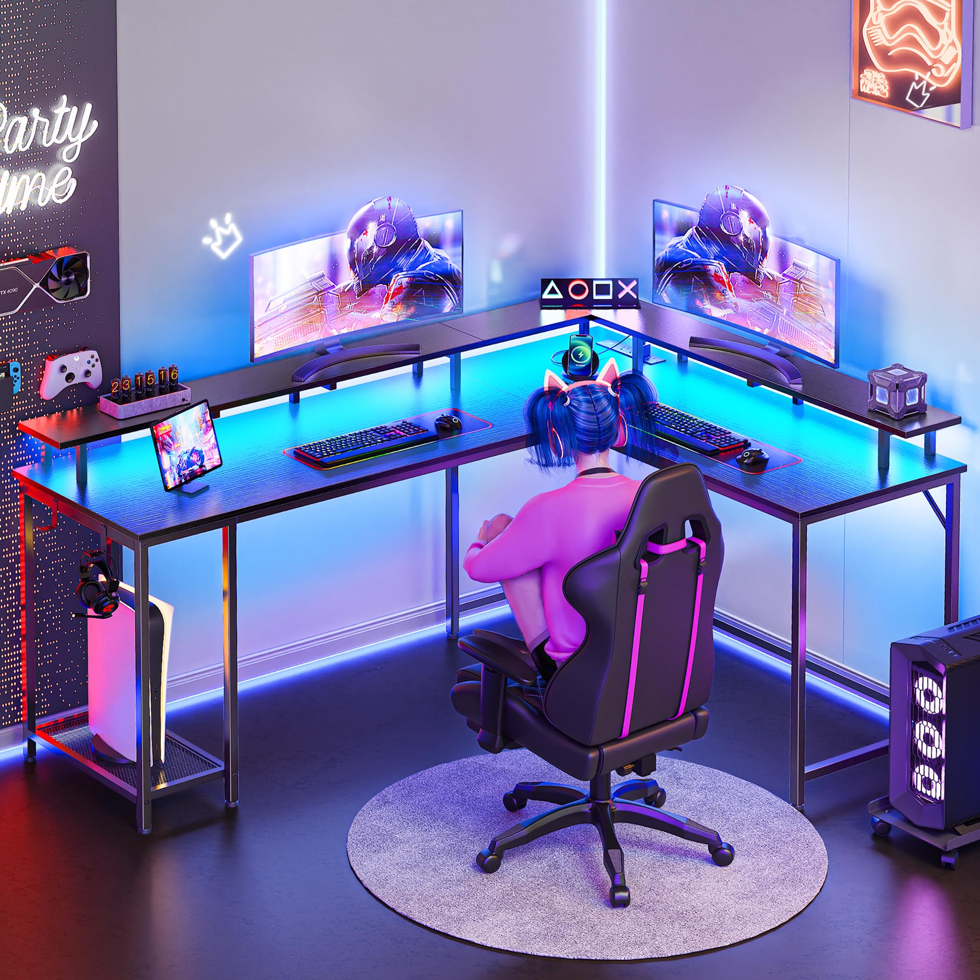 SUPERJARE 66 Inch L-Shaped Gaming Desk with Power Outlets, LED Lights & Monitor Stand - Ergonomic Computer Desk with Storage Shelf & Hooks for Home Office, Streaming Setup & Gaming Station (Black)