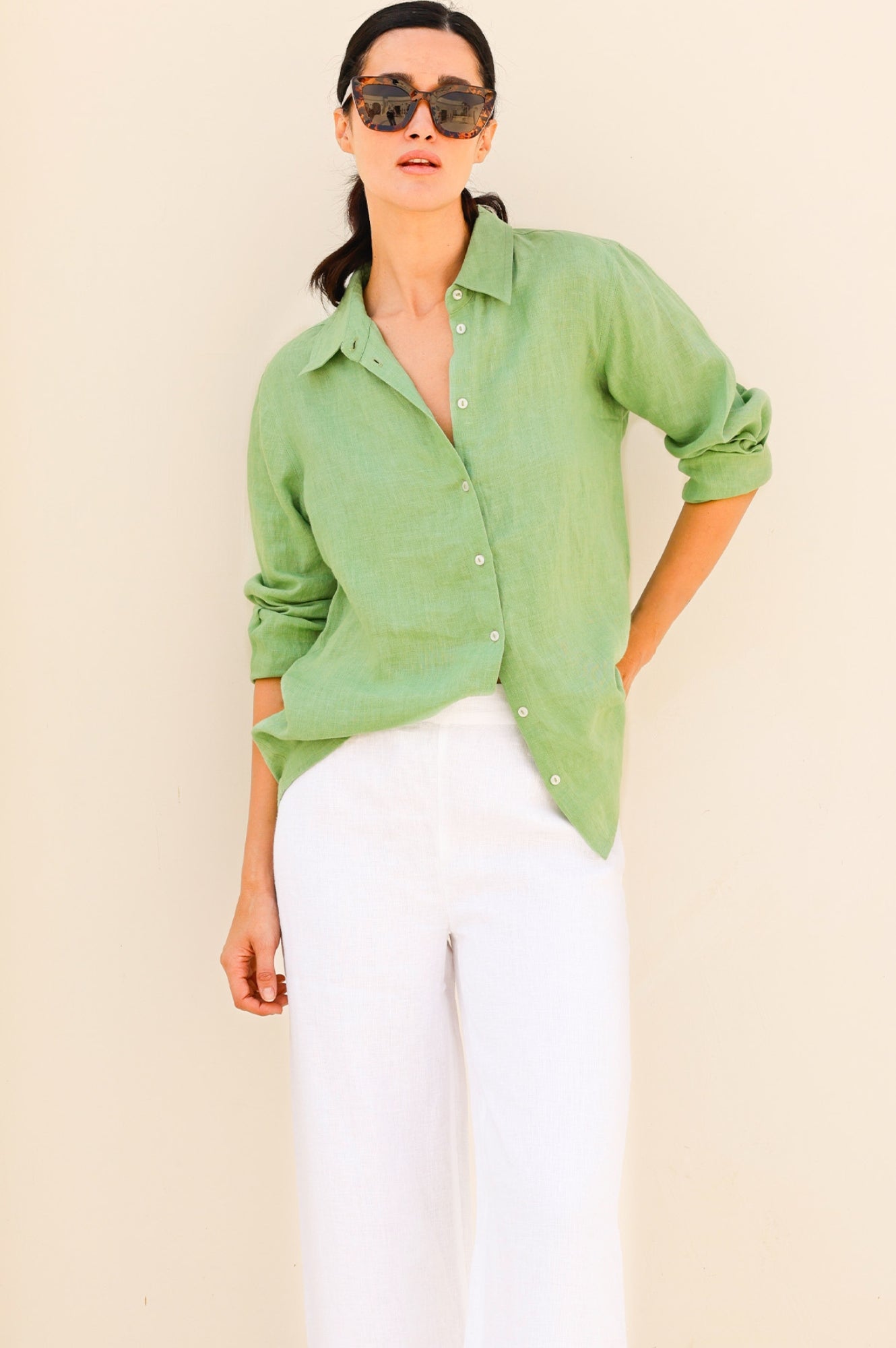 Women's Linen Shirt - Breathable & Lightweight Summer Top in Leaf Green | Casual Wear, Beach Outfit & Office Attire