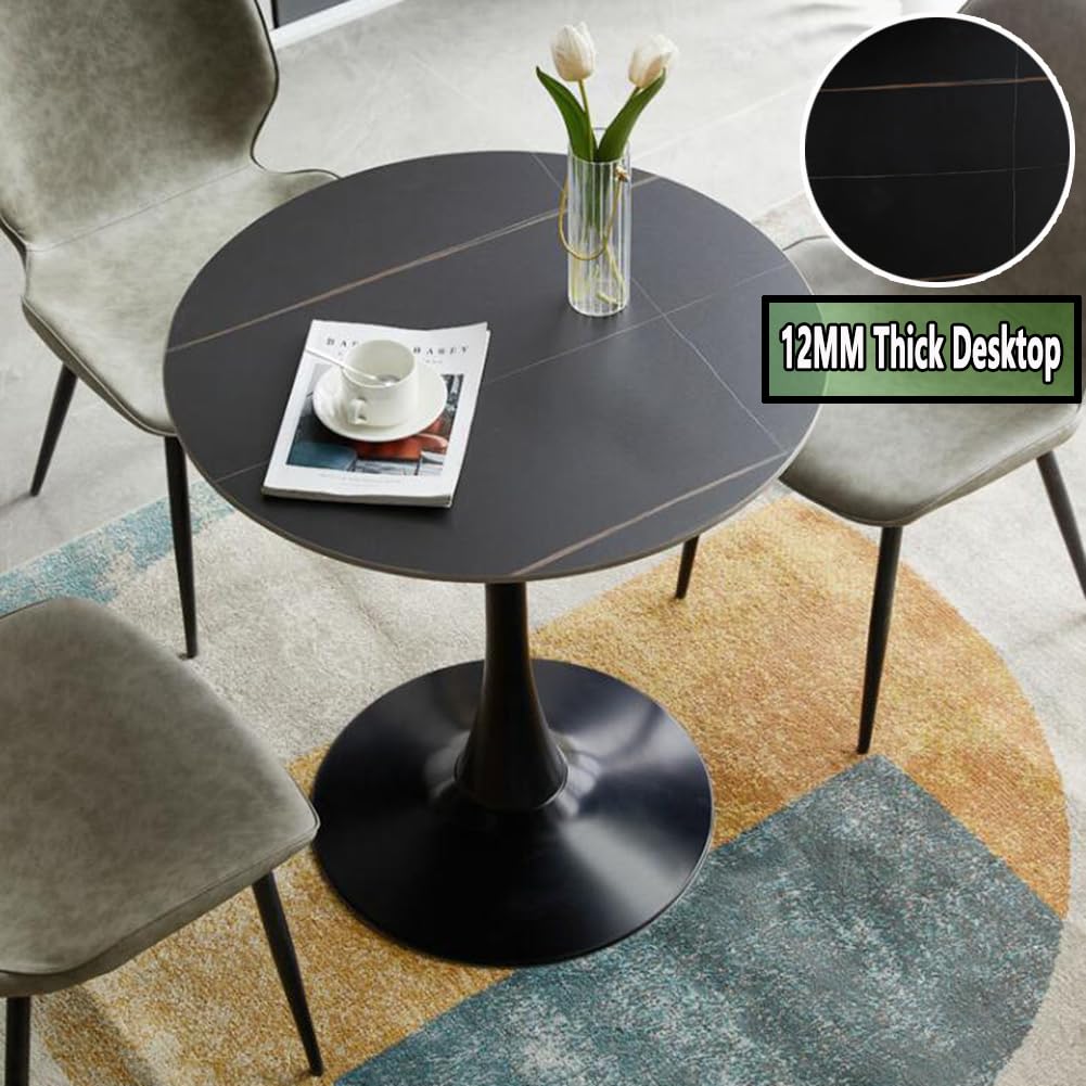 Modern Round Tulip Bistro Table with Granite Top & Metal Pedestal - Kitchen Dining Table, Coffee Table, End Table for Home, Cafe, Restaurant & Outdoor Use