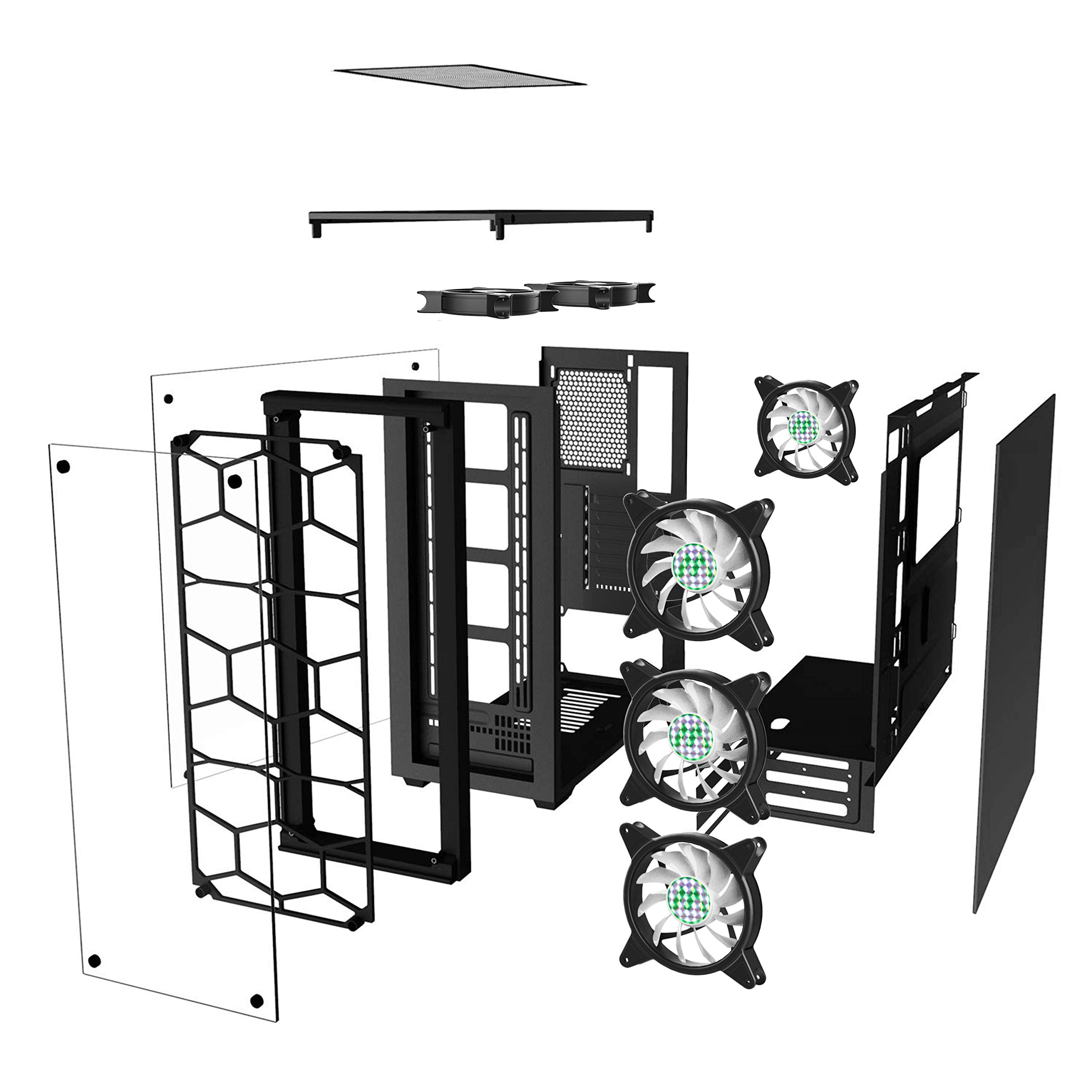 MUSETEX ATX Mid-Tower PC Case with 6 ARGB Fans, USB 3.0, Tempered Glass & Honeycomb Airflow - Phantom Black Gaming Computer Chassis 907-MS6 - Perfect for Gaming Rigs, Streaming Setups & High-Performance PCs
