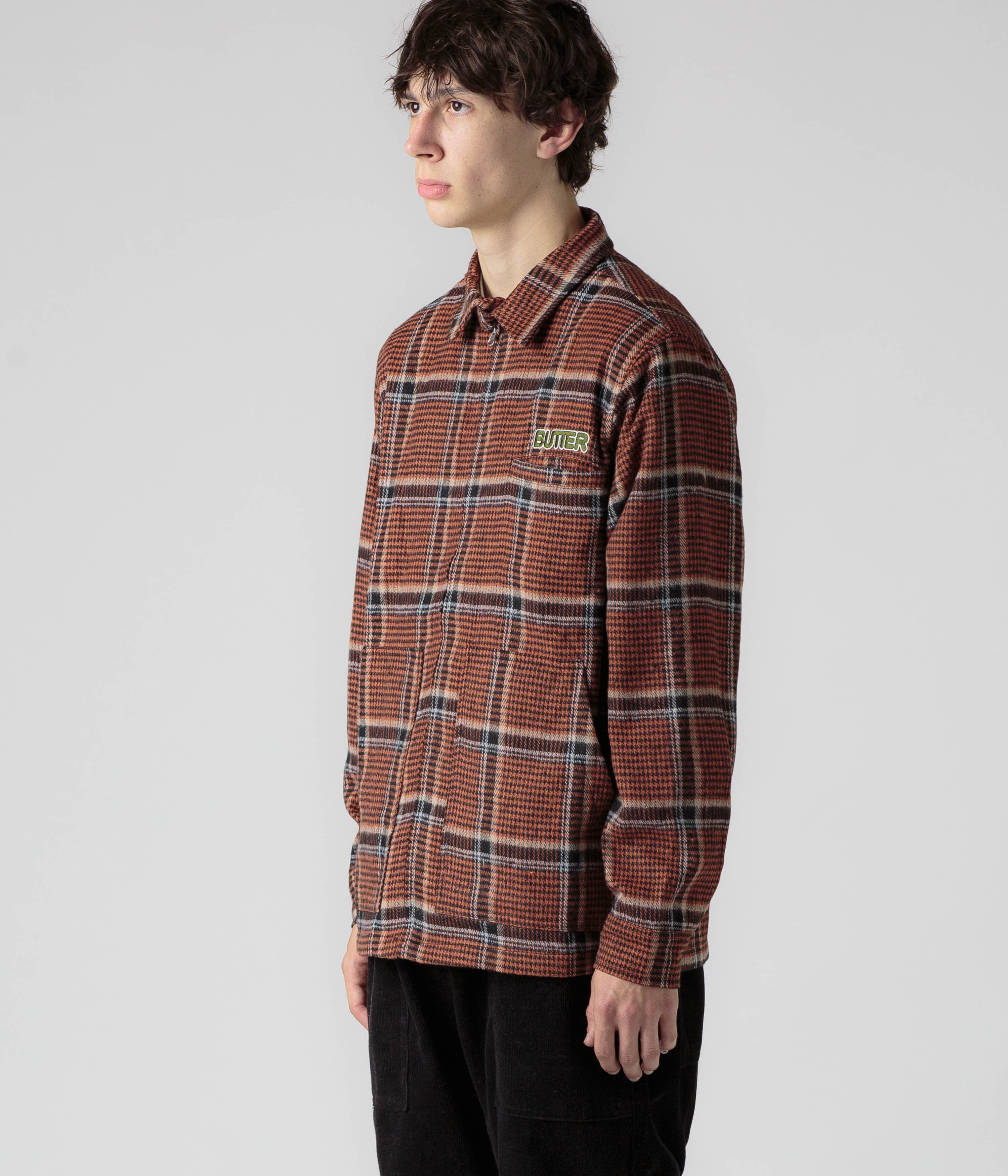 Butter Goods Dougie Plaid Overshirt for Men - Rust, Black & White Checkered Flannel Shirt Jacket - Casual Layering for Fall & Winter Outdoor Activities