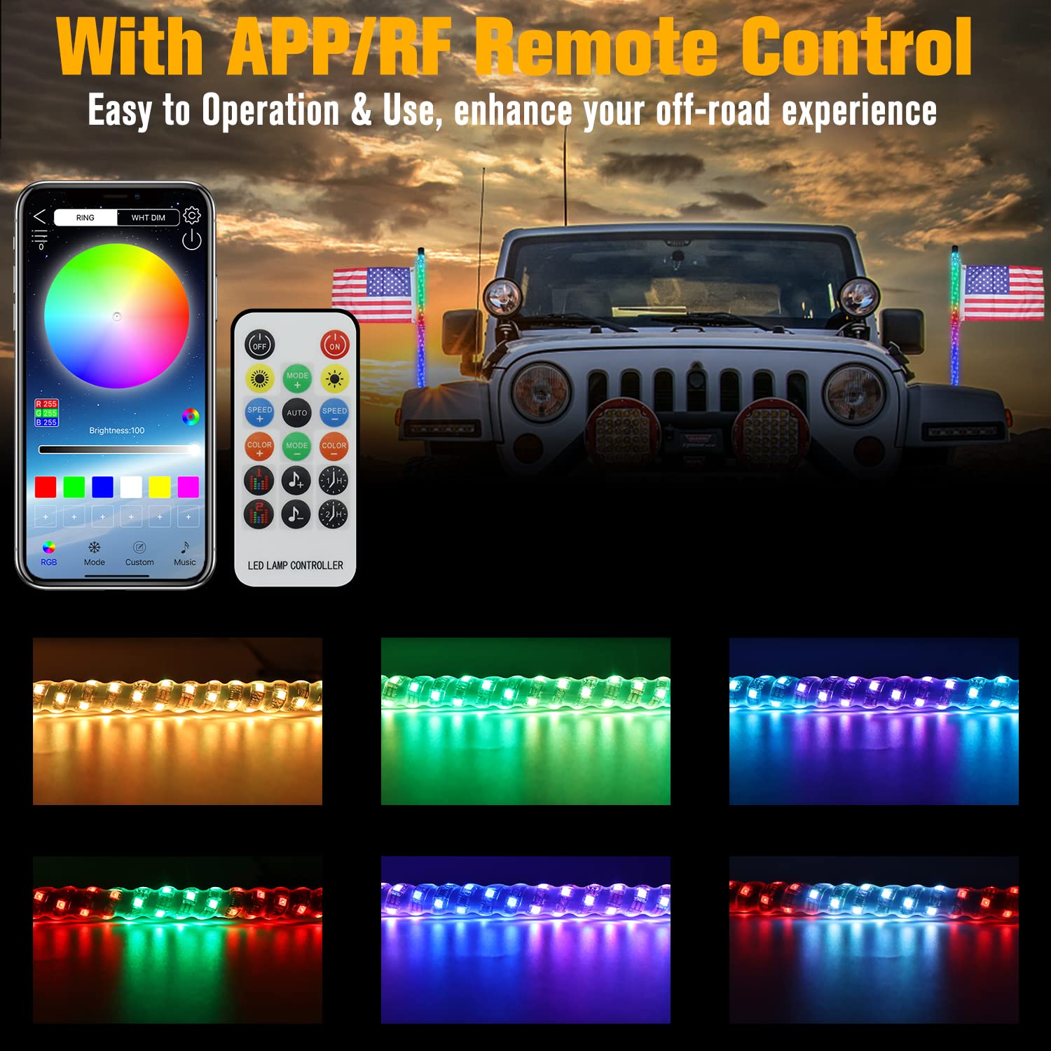 2PCS 2FT Spiral LED Whip Lights - Waterproof Safety Whips with Bluetooth APP & RF Wireless Remote Control for Offroad Vehicles - Compatible with UTV, ATV, Polaris RZR, Dune Buggy, 4X4 - Perfect for Night Riding, Camping & Emergency Warning Signals