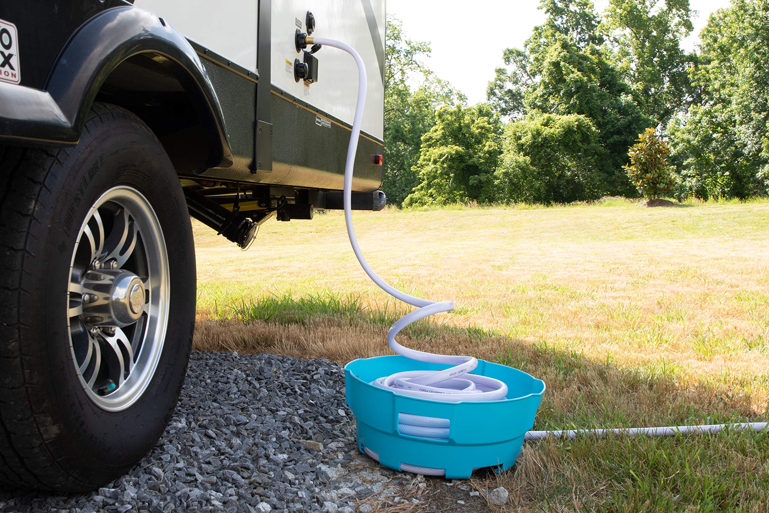 Camco RV Water Hose & Cord Basket - Organizes 75ft Hoses & Cords for RV Camping