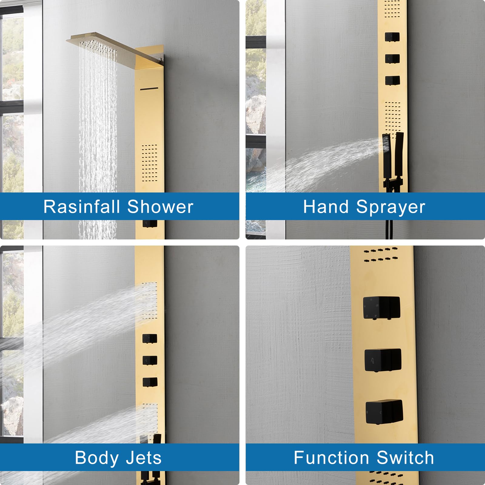 Premium Polished Gold Shower Panel Tower System - Multi-Function Shower System with Body Jets, Handheld Sprayer, Rainfall Shower Head & Waterfall Outlet - Stainless Steel Wall Mount for Luxury Bathroom & Spa Experience - Perfect for Modern Home, Hotel & Relaxation Spaces