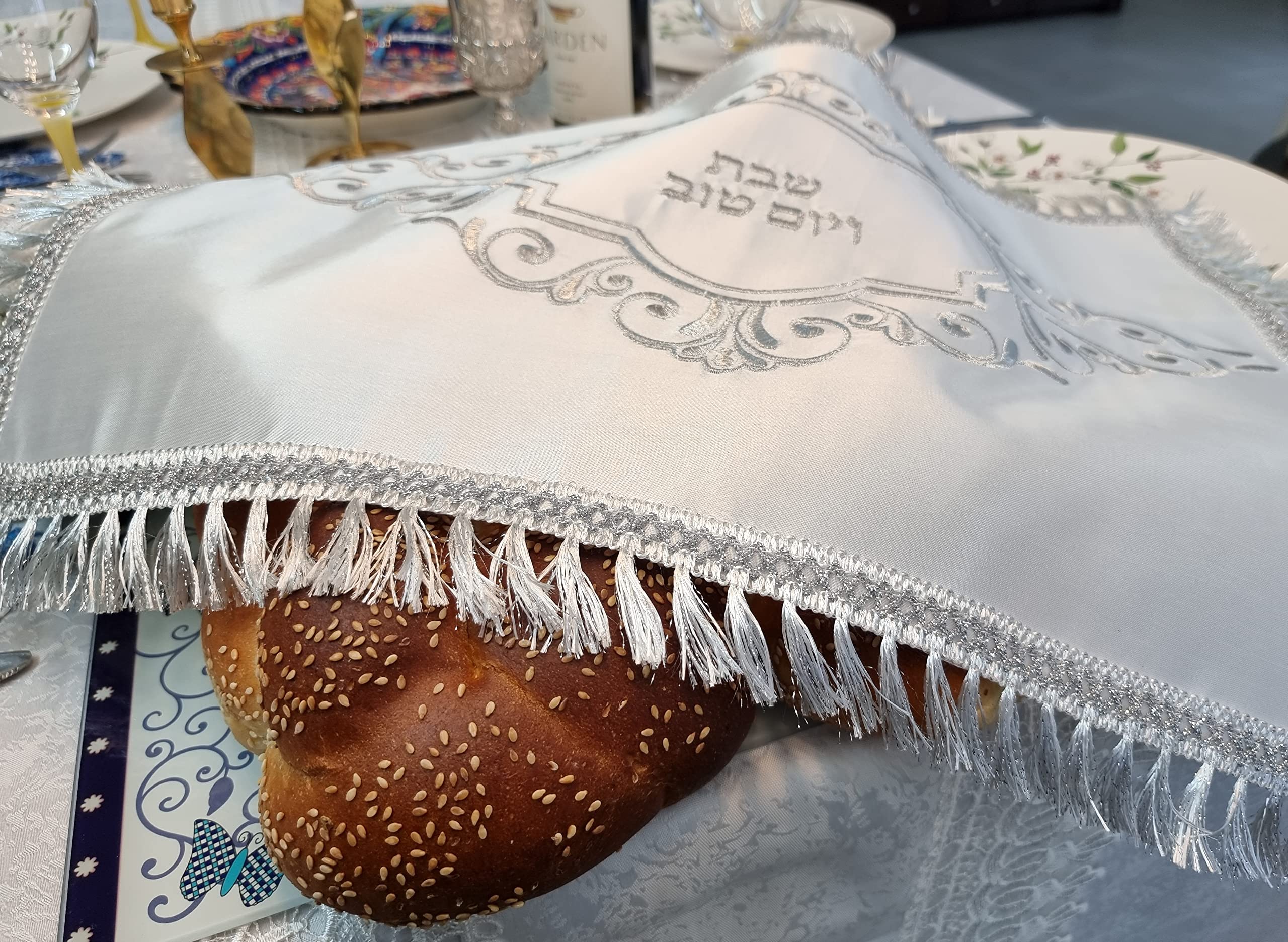 TALISMAN4U White Satin Challah Cover with Silver Fringes - Embroidered Shabbat Bread Cloth 20