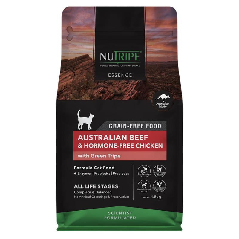 Nutripe Essence Australian Beef & Chicken With Green Tripe Dry Cat Food - Grain Free, High Protein Cat Kibble for Adult & Senior Cats (2 Sizes) - Perfect for Indoor Cats & Sensitive Stomachs