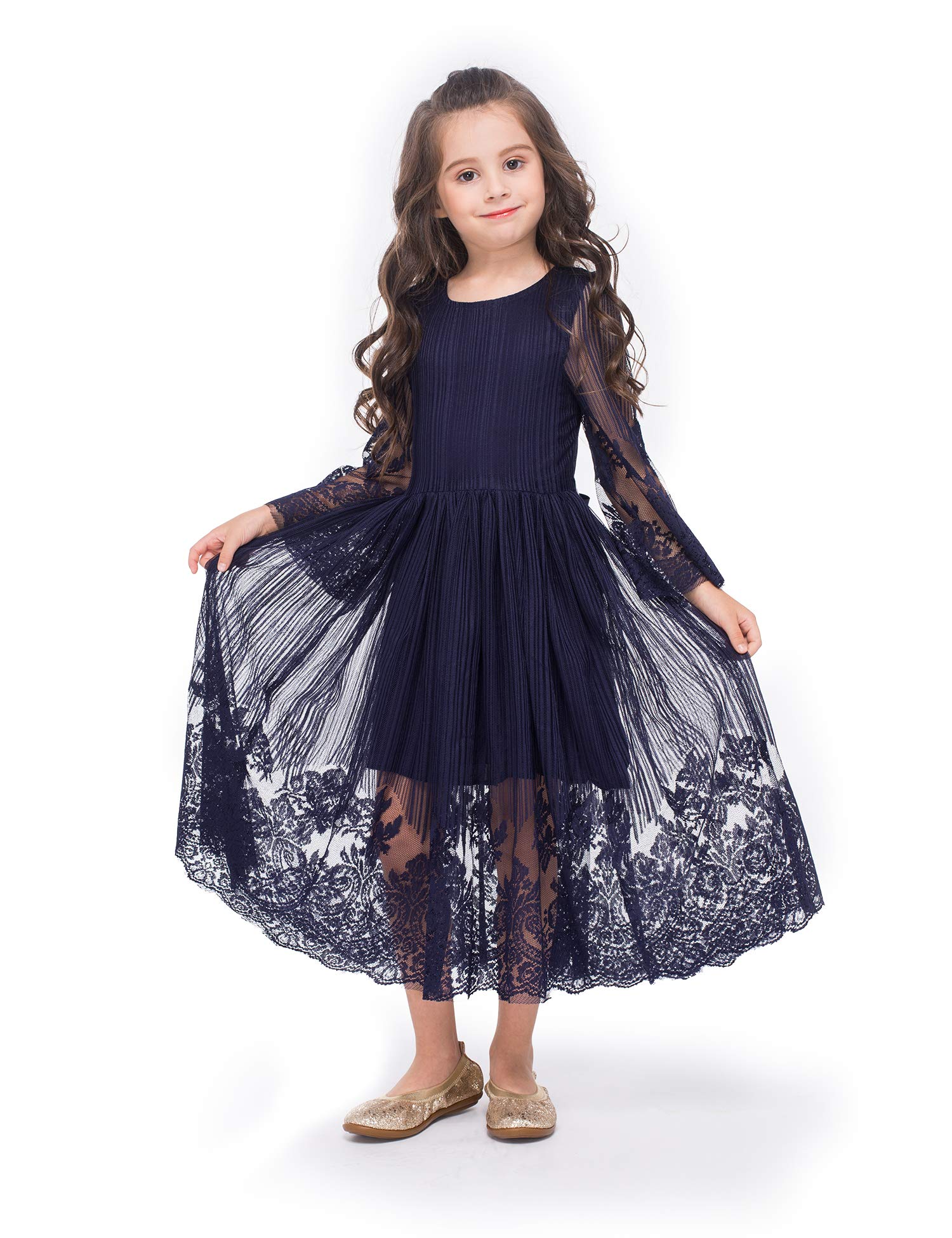 Girls Lace Floral Dress - Long Sleeve Midi First Communion Dress for Weddings, Parties & Special Occasions | Perfect for Flower Girls, Birthday Celebrations & Casual Events