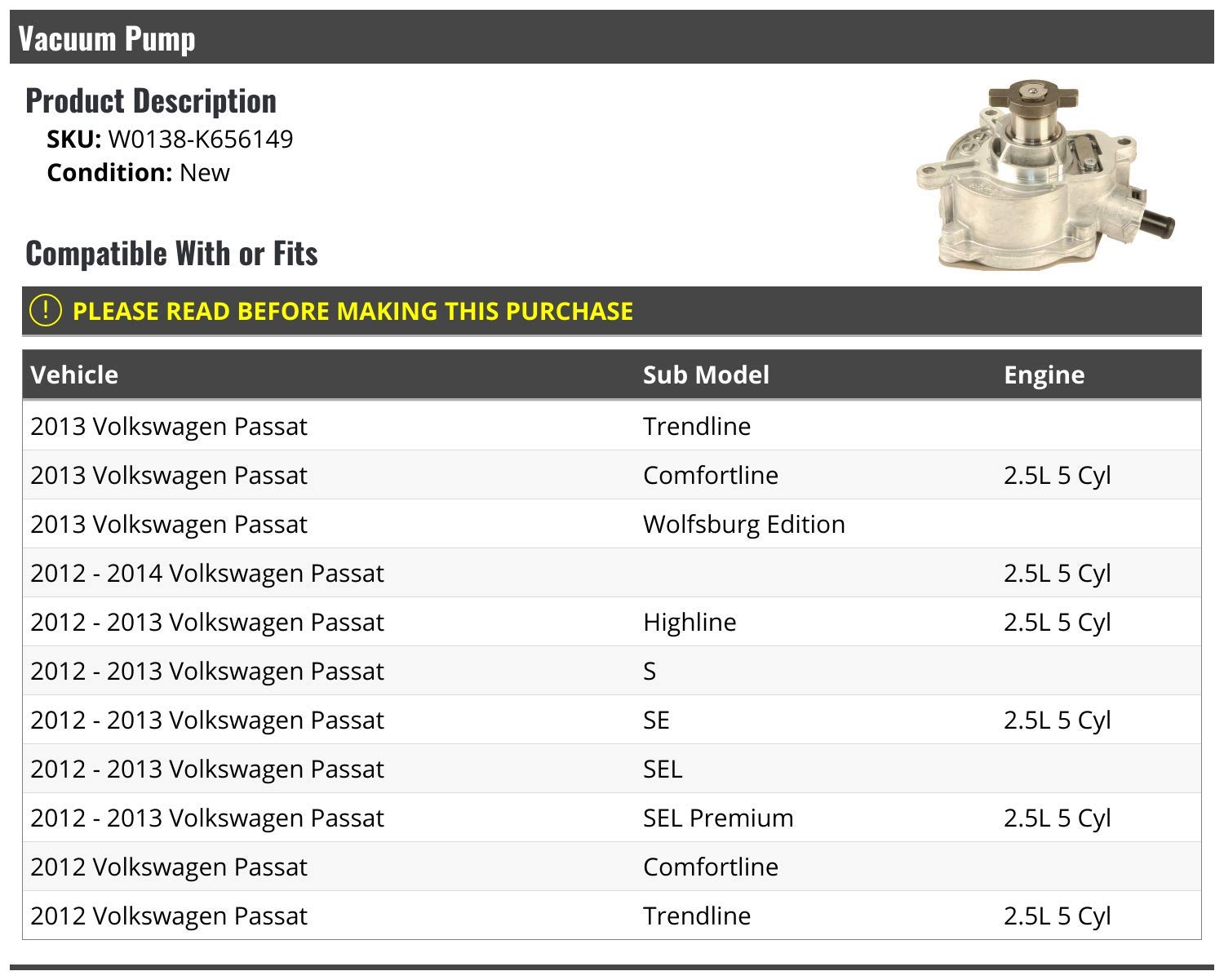 Vacuum Pump for 2012-2014 Volkswagen Passat - OEM Replacement Part - Auto Repair & Maintenance Accessory - Perfect for Engine Performance & Brake System Repair