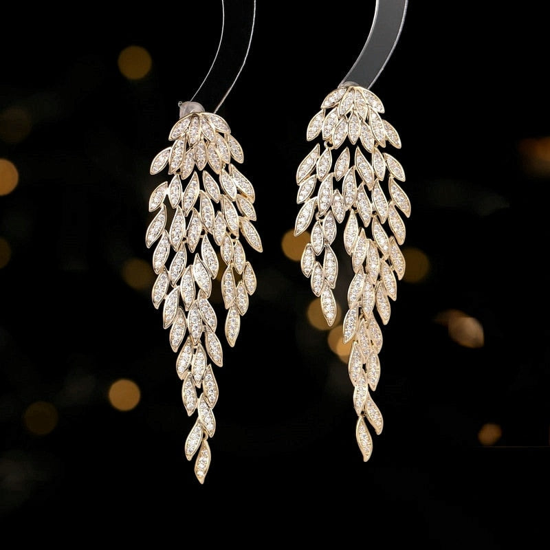 Trendy Cubic Zirconia Multi-Layered Tassel Tree Leaves Earrings for Women | Wedding Jewelry Party Dress Accessories | Perfect for Bridal, Prom & Evening Events LYJ070