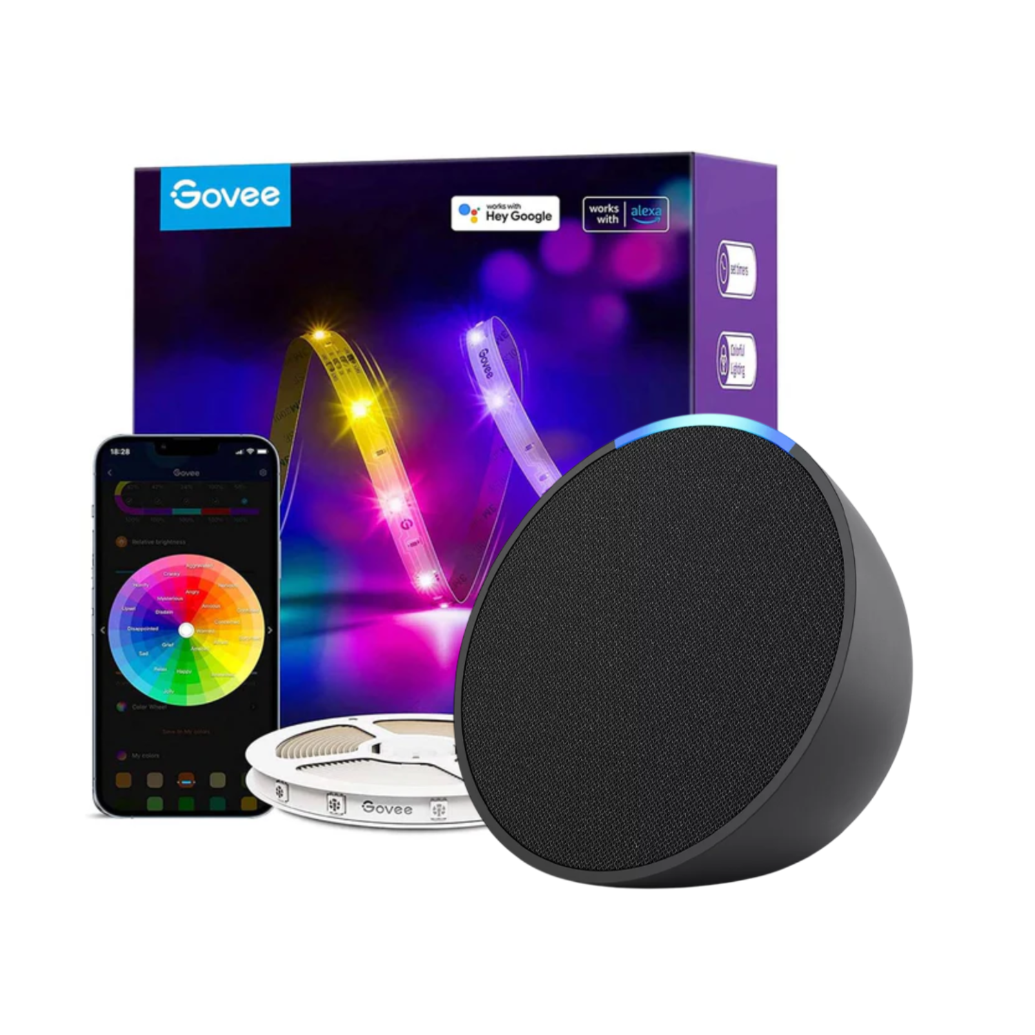 Alexa Echo Pop Smart Speaker with Govee LED RGBIC Basic 5m Light Strip - Black | Smart Home Bundle for Bedroom, Living Room & Party Decor