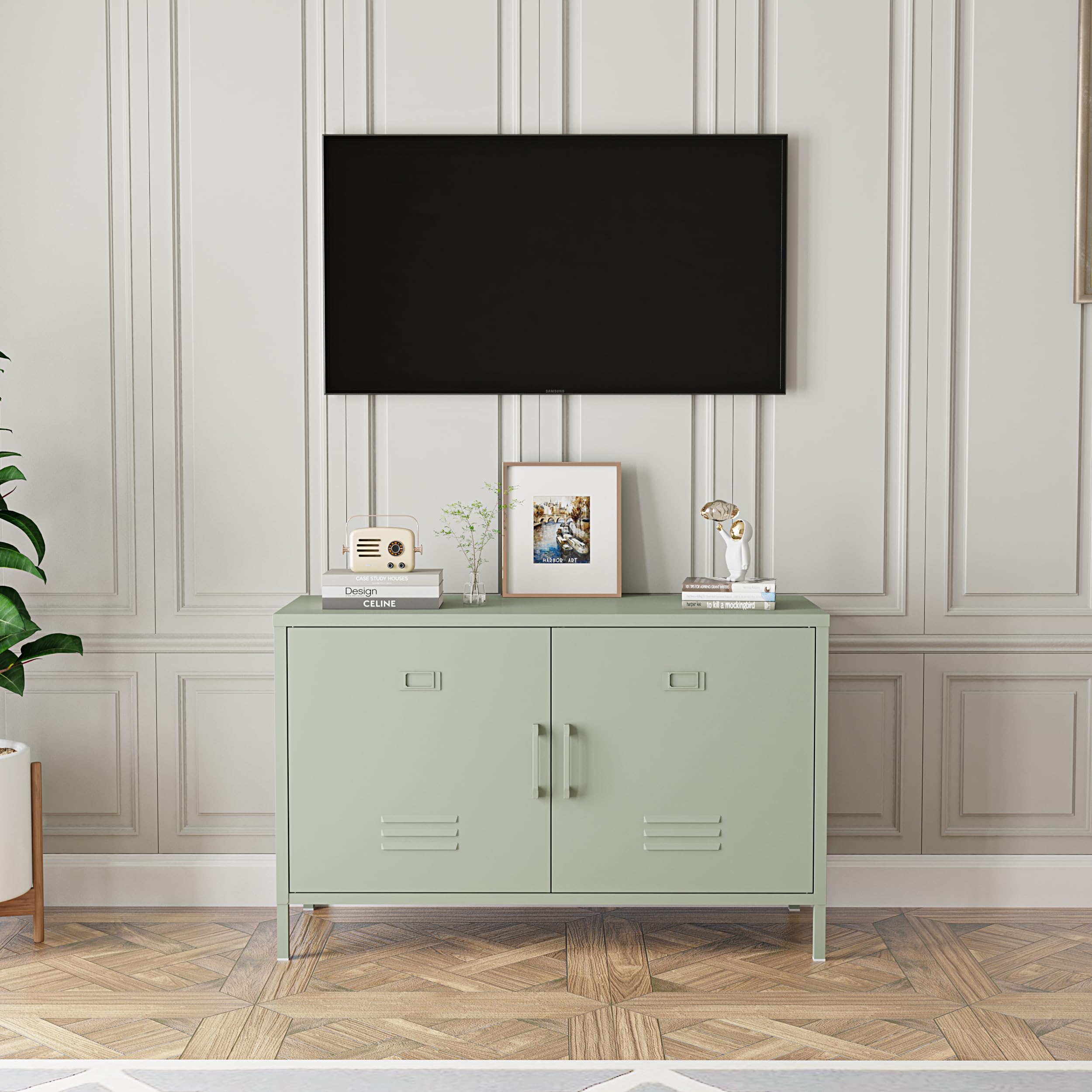 2 Door Metal Accent Cabinet - Mint Green Storage Cabinet with Adjustable Shelf, 2-Tier Office Organizer | Multipurpose Locker for Home, Office & Music Studio | Space-Saving Storage Solution for Small Spaces & Clutter Control