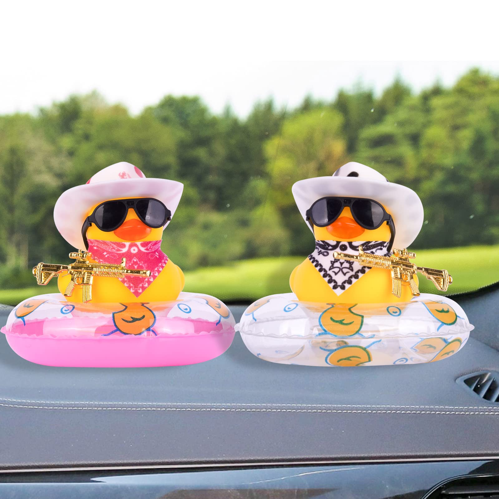 Funny Cowboy Duck Car Dashboard Decorations - Mini Rubber Duck with Swim Ring, Sun Hat, Sunglasses & Scarf - Cute Car Accessories for Dashboard, Office Desk or Party Decor